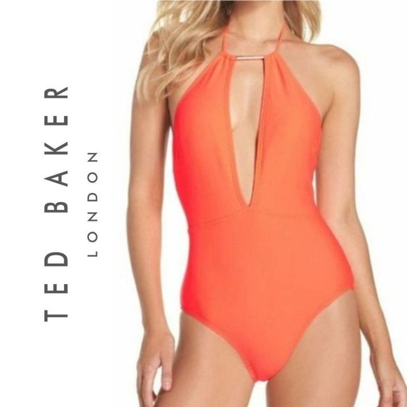 NWT Ted Baker Pikaa Halter 1-PC Swimsuit Coral, Size 6 - Picture 2 of 6